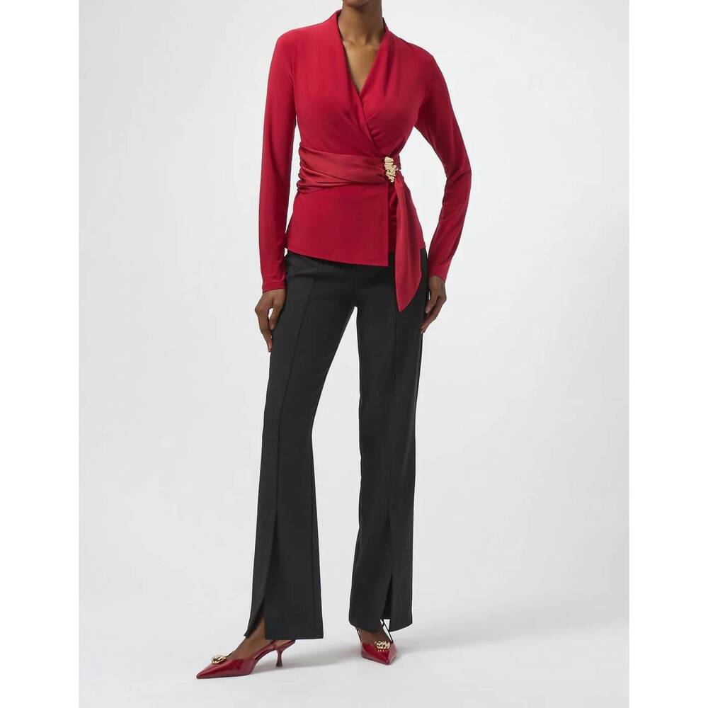 NEW JOSEPH RIBKOFF fitted faux wrap long sleeve top in deep cherry